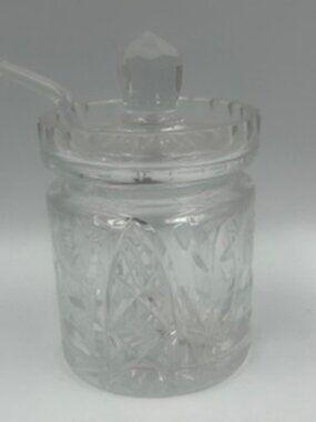 Vintage Cut Glass Crystal Jam Jelly Honey Pot with lid and spoon